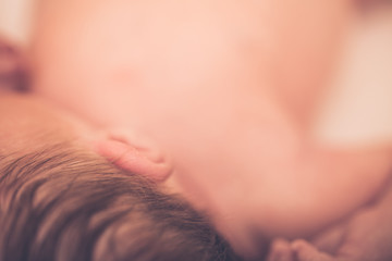 Newborn baby boy lying on bed, sleeping, close up. Healthy newborn baby sleeping, showing close up of ear and side of babies head.