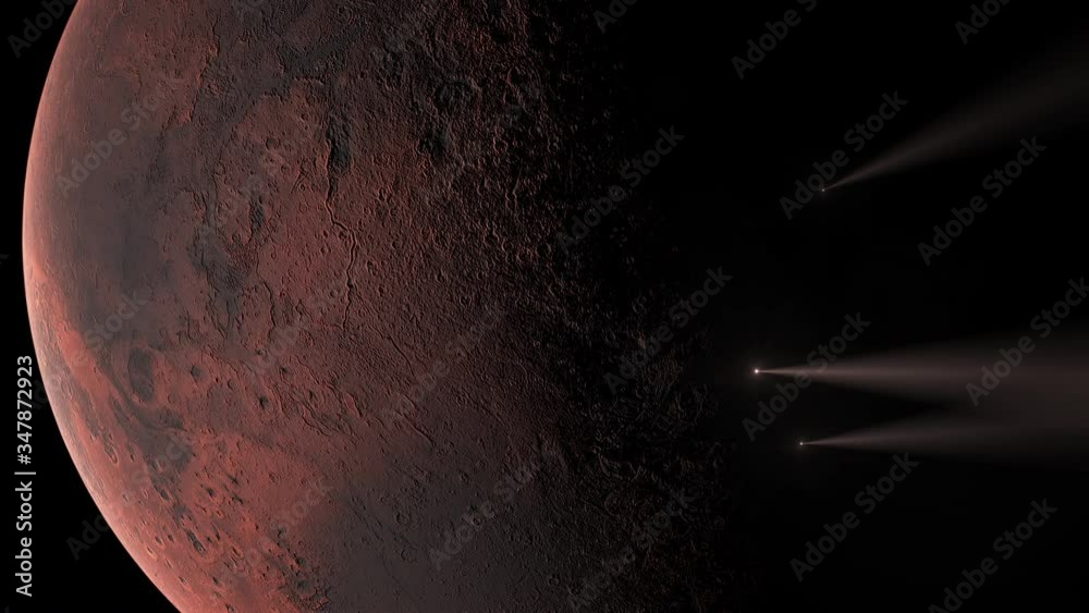 Poster three meteors moving through mars atmosphere and across the big red planet in space concept