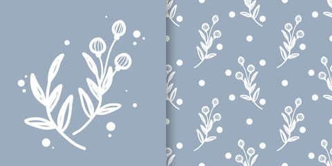 Cute floral seamless pattern of doodle flowers with  leaves on blue color background. Vector illustration.