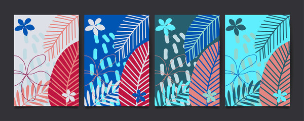 Set of abstract floral pattern with tropical flowers and leaves. Creative universal art background. Wedding, anniversary, party invitations, covers, decor elements. Vector