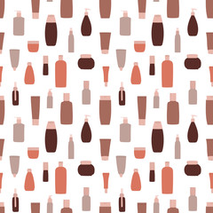 Seamless pattern with empty and clean cosmetic containers: bottles, spray, cream jar, tube. Cosmetology and dermatology concept. Hand drawn flat vector Illustration.