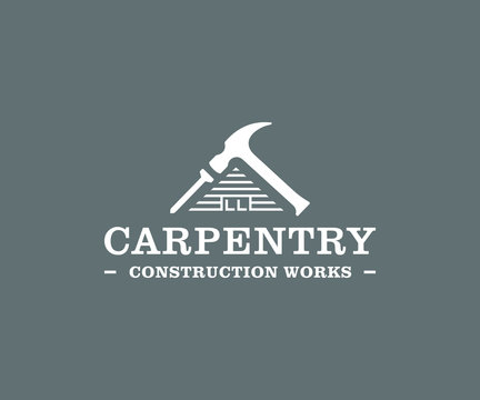 Home building logo design. Carpentry services vector design. Wooden house with hammer and nail logotype