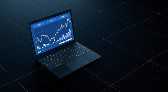 3d rendering of stock exchange concept app running on laptop