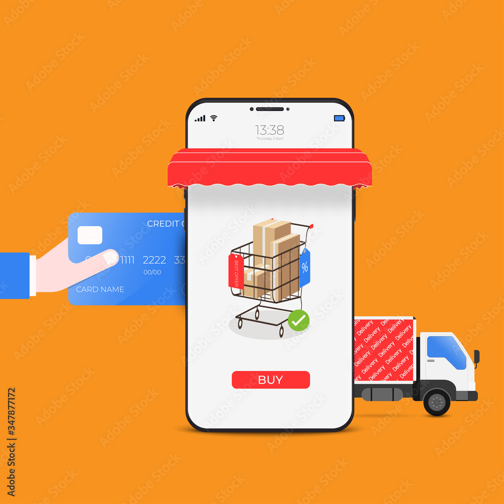 Poster online shopping and delivery service with mobile application technology. digital marketing and e-com
