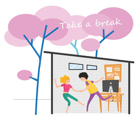 man and woman are dancing at home to support mental heath after take a break from work