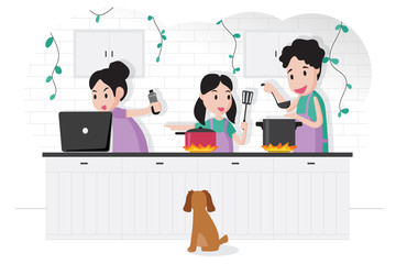 family with mom and daughter are cooking at home after work to support mental heath