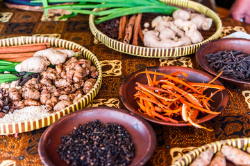 Traditional dried spices and herbs on basket
