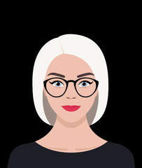 Avatar for social networks. Portrait of a young blue-eyed European woman with a blonde Bob and glasses. The girl smiles. Vector stock flat 