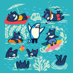 Collection of Tasmanian devil characters in the water