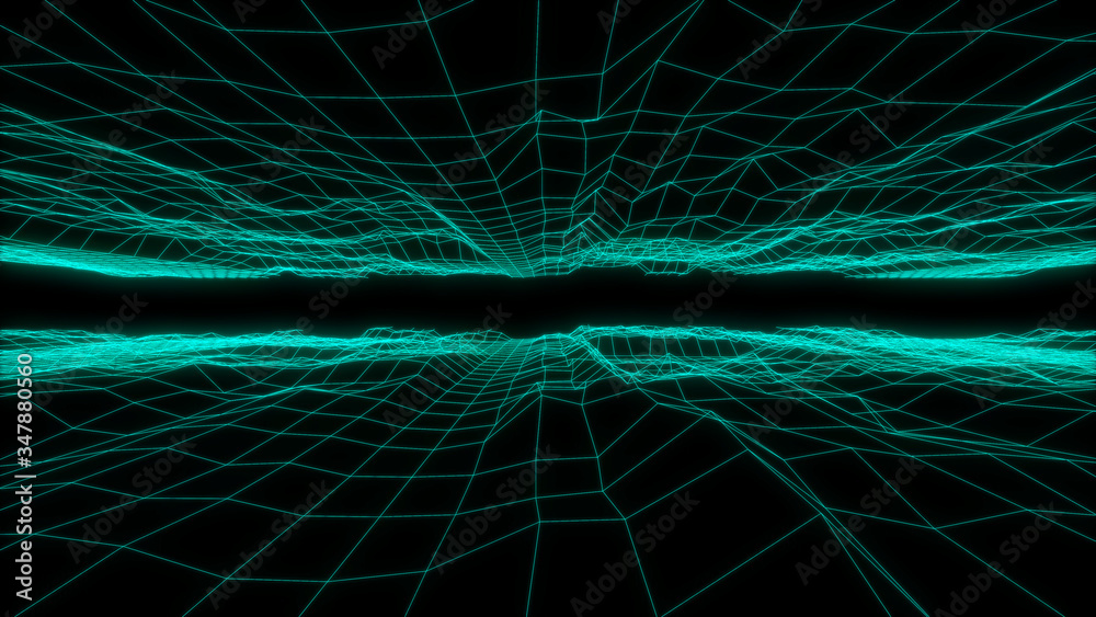 Poster technology fractal field effect futuristic landscape wireframe abstract illustration. narrow turbule