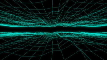 Technology Fractal Field Effect Futuristic Landscape Wireframe Abstract Illustration. Narrow Turbulence Perspective Space For Infographic on Black Background.