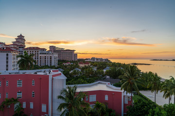 View of the tourist area in Cable Bay during sunset (Nassau, Bahamas).