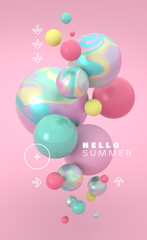 3d image colorful balls with gradient psychedelic texture with white frame in front of pink background, summer themed poster template in pastel pink, turquoise, yellow colors