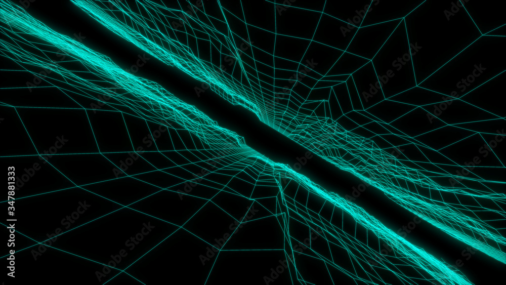Poster technology fractal field effect futuristic landscape wireframe abstract illustration. narrow turbule