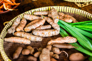 Traditional dried spices and herbs on basket