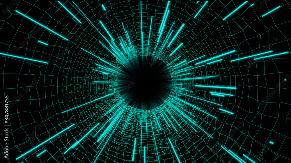 Poster abstract technology wireframe sci fi tunnel illustration. futuristic wormhole digital space texture 