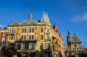Fototapeta premium View to the Greek Catholic Church of St. Andrews (Bernardine Church) and monastery from the square of king Danylo in the old historic part of medieval city Lviv, Ukraine