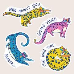  Yellow jaguars characters with text. Vector stickers