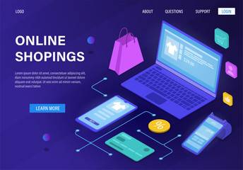 Online shopping and Online payment by smartphone. E-commerce. E-shop. Suitable for landing, web page, banner or advertising. Online store. Isolated and carefully drawn 3D isometric style. Vector