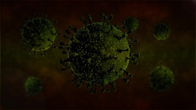3D animation of green gradient bacteriological background and moving covid-19 coronaviruses. The idea of a deadly, dangerous disease, a global pandemic. 4K composition.