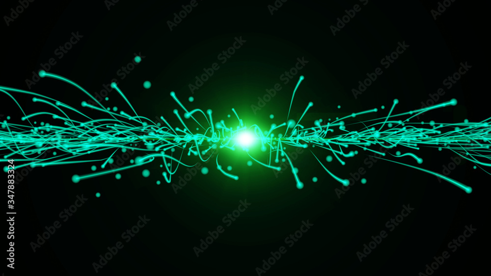Poster twisted glowing strip line fiber trails explosion element illustration. particle wave turbulence hig