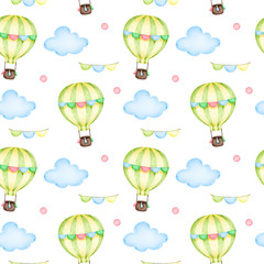 Obraz premium Cartoon hot air balloon with garlands in the sky among the clouds seamless pattern