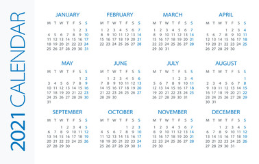 Calendar 2021 Horizontal - illustration. Week starts on Monday