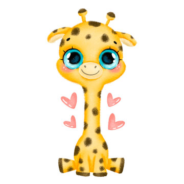 Illustration of a cute cartoon baby giraffe with big eyes and hearts isolated on white background