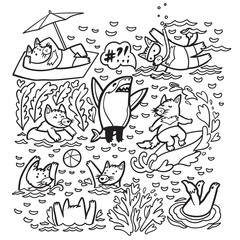 Coloring print with cute Tasmanian devil characters in the water