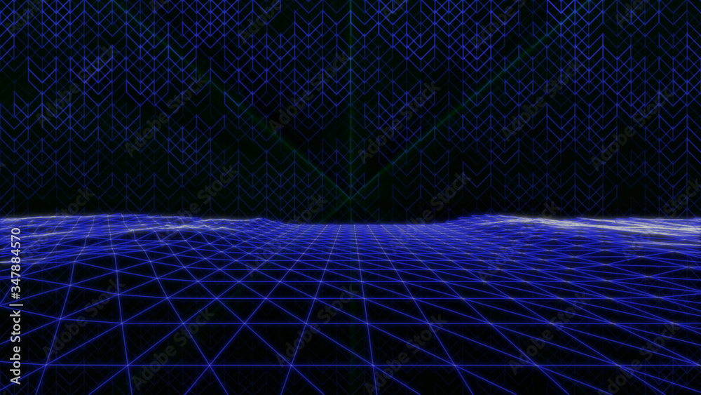 Aufkleber Abstract Wireframe Landscape Digital Sci fi Technology Perspective Illustration..3D Mesh Glowing Grid Cyberspace Futuristic For Infographic Presentation.