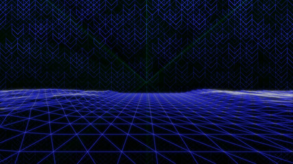 Abstract Wireframe Landscape Digital Sci fi Technology Perspective Illustration..3D Mesh Glowing Grid Cyberspace Futuristic For Infographic Presentation.