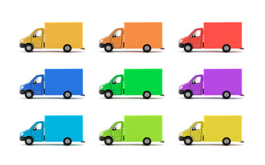 Fototapeta na wymiar Group of colorful cargo delivery trucks on white background