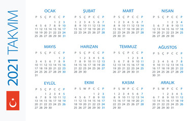 Calendar 2021 Horizontal - illustration. Turkish version