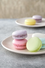 A french sweet delicacy, macaroons variety closeup. macaroon colourful texture.