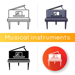 Grand piano icon. Acoustic music concert. Classical musical instrument to perform with orchestra. Culture and entertainment. Linear black and RGB color styles. Isolated vector illustrations