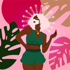 Beautiful African woman painted lip makeup with red lipstick on a medical mask. Quarantine Diva trendy illustration. Stop Coronavirus concept.