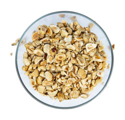 Freshly chopped Hazelnuts isolated on white background (close up; selective focus)