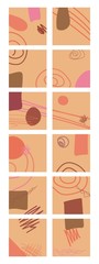 Set of twelve abstract isolated backgrounds. Hand drawn various shapes and doodle objects. Modern contemporary trendy vector illustration. Calm orange and brown tones. Stock illustration. Copy space