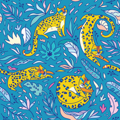 Obraz premium Seamless pattern with yellow leopards. Vector illustration