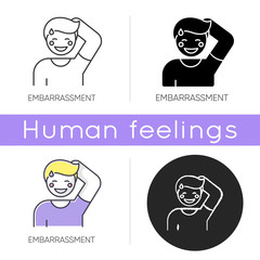 Embarrassment icon. Man acting shy. Feeling of humiliation. Self conscious behaviour. Nervous from modesty. Person blush and sweat. Linear black and RGB color styles. Isolated vector illustrations