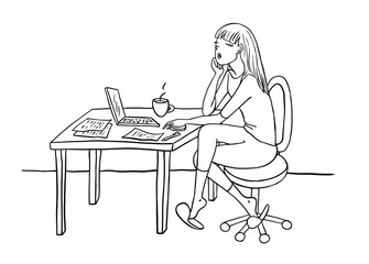 Young lady sleeping at the desk at her workplace. Working from home. Table with laptop. Black and white cartoon illustration isolated on a white background. 