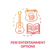 Few entertainment options red concept icon. No music events. Leisure in pub and bar. Village lifestyle disadvantage idea thin line illustration. Vector isolated outline RGB color drawing