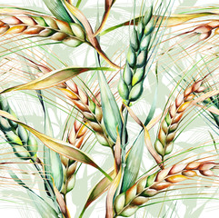 Ears of Wheat Seamless Pattern. Watercolor Illustration.