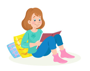 Cute girl is reading a book sitting on the floor. In cartoon style. Isolated on white background. Vector flat illustration.