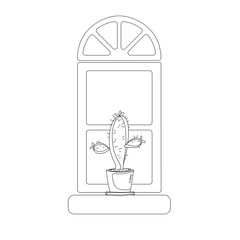 One cactus in a pot on the window black and white icon