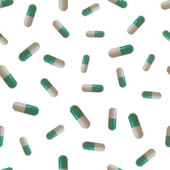 Capsules seamless pattern on a white background. Pixel Graphics. Medical seamless pattern, pharmacy background, healthcare concept. 8 bit .Vector illustration.