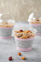 Colorful blueberry chia seed puddings for two. A trendy, delicious and healthy snack.