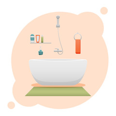 Fototapeta na wymiar Bathroom interior. Shower gel, sponge, shampoo, bathtub, towel, carpet and faucet.