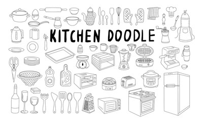 Big set of doodle elements on the theme of food, kitchen and cooking. A variety of utensils, tools, household appliances, dishes, cutlery for design in a linear style isolated on white background.