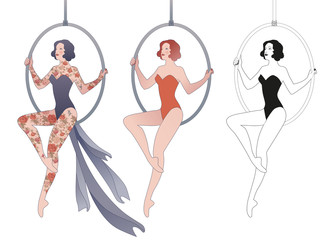 Young trapeze artist sitting on a hoop suspended in the air isolated on white background. Three versions, tattooed, red and black and white jersey. Retro style.